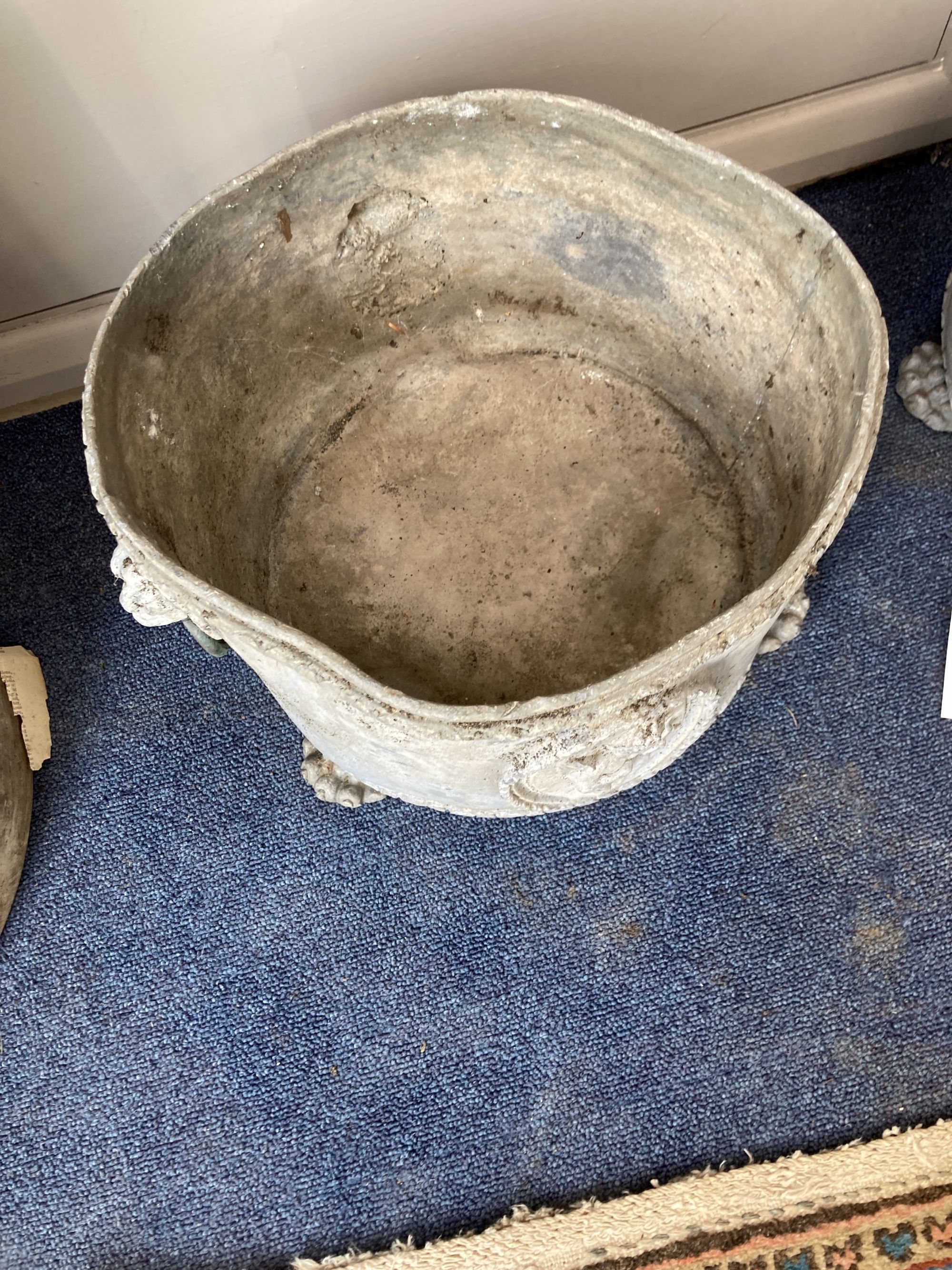 A pair of Victorian lead circular garden planters, 28cm diameter, height 22cm